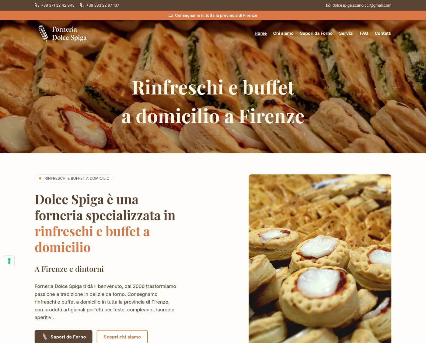 Homepage del sito di Forneria Dolce Spiga, con il claim sui rinfreschi e buffet a domicilio a Firenze