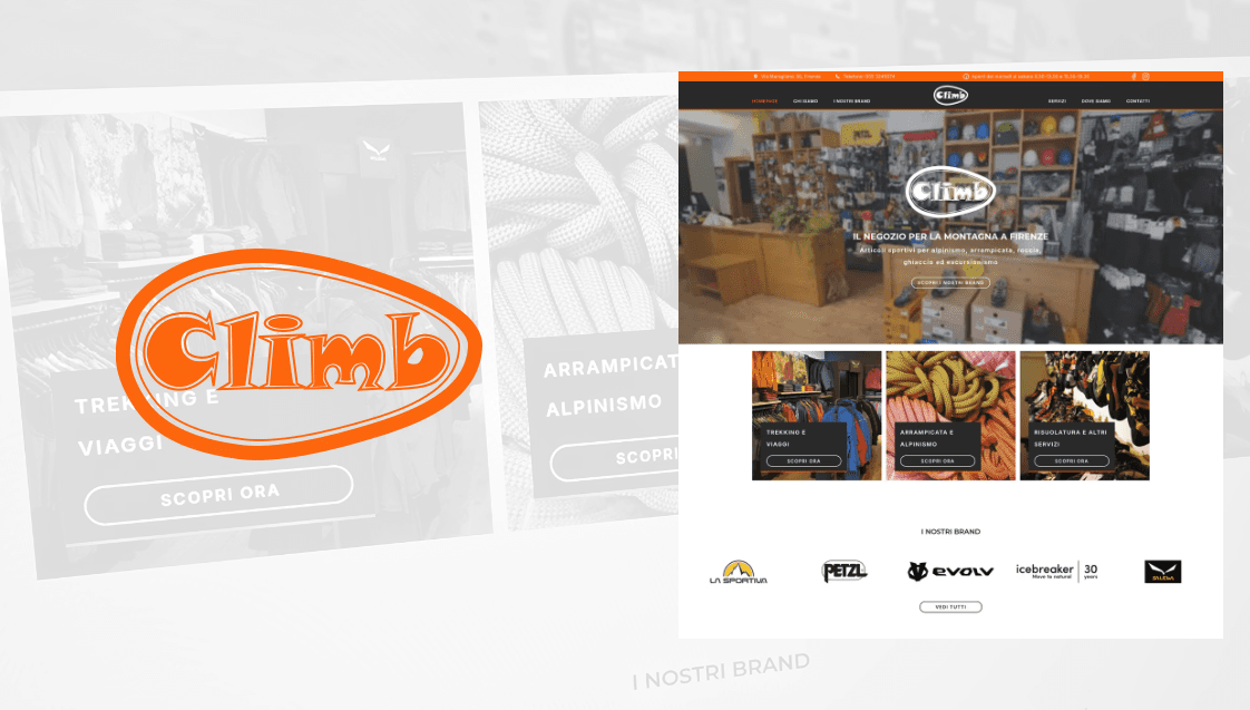 Logo Climb e homepage del nuovo sito, con le sezioni trekking, arrampicata e servizi