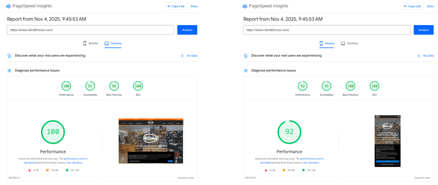 Punteggi Page Speed Insights del sito di Climb Firenze