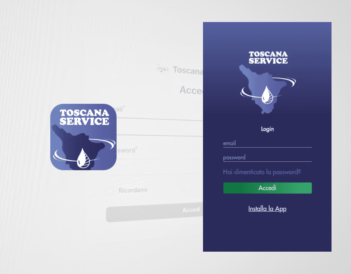 Icona e schermata di accesso della app di Toscana Service