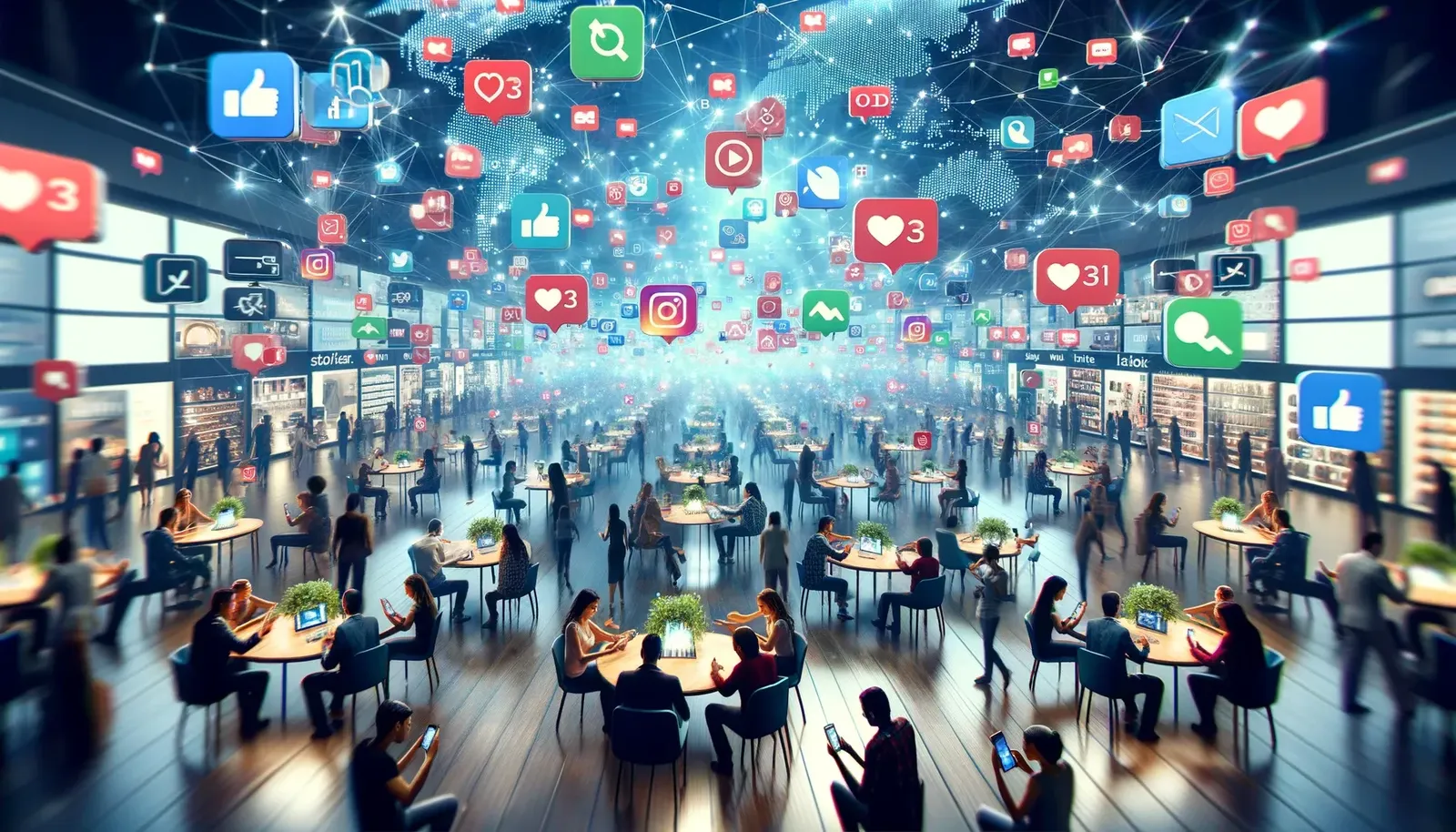 Persone che usano lo smartphone in uno spazio commerciale, circondate da icone e notifiche dei social network